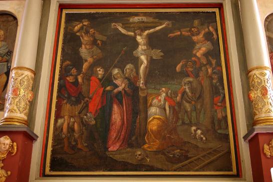 Hauptbild des Altaraufsatzes mit der Kreuzigungsszene: Gemälde von P. Baseler aus dem Jahr 1633, Öl auf Leinwand, doubliert